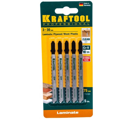 Полотно для электролобзика Kraftool Т101BR 75х2,5мм, по дереву, фанере, ламинату, обратный рез, Т-хвостовик, Cr-V сталь, 5 штук (159516-2.5-S5) — Grandline