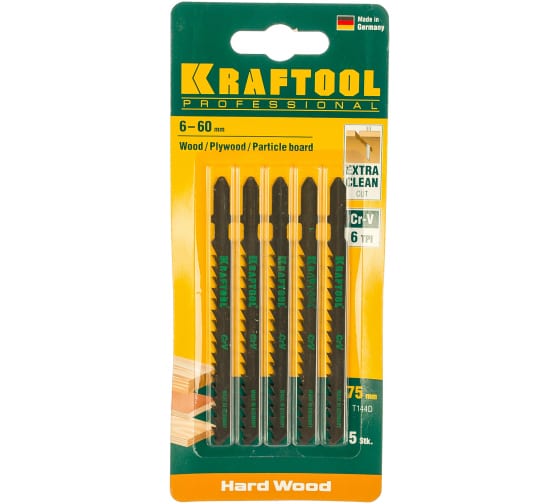 Полотно для электролобзика Kraftool T144D 75х4мм, по дереву, ДВП, ДСП, быстрый рез, Т-хвостовик, Cr-V сталь, 5 штук (159521-4-S5) — Grandline